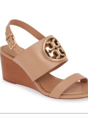 Tory Burch Nude Tan Leather Wedge Sandal with Gold Logo Medallion